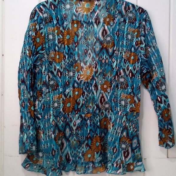 Kim Rogers Blouse Women L 3/4 Sleeve Simi Sheer Ruffle Open Tie Front Teal Brown - Picture 12 of 16